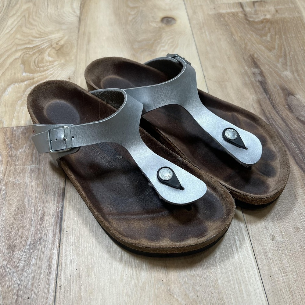 Birkenstock Gizeh Sandals Womens Size 8 Silver Thong Cork Footbed Comfort Slides